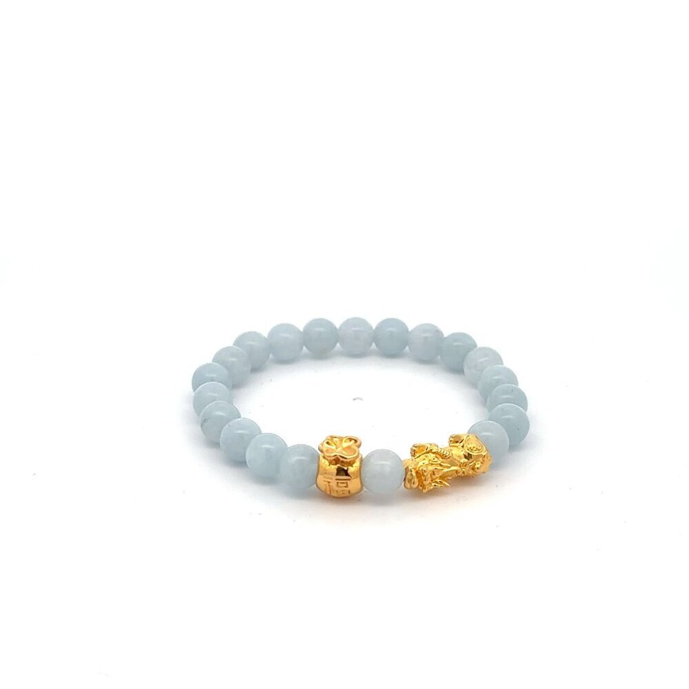 18k Gold Pixiu Piyao Money Bag Lucky Charm Bracelet Gemstones Aquamarine 6mm 155$